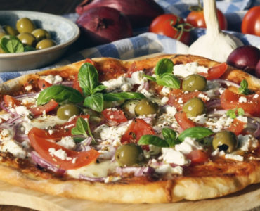 Greek Pizza with feta cheese and olives