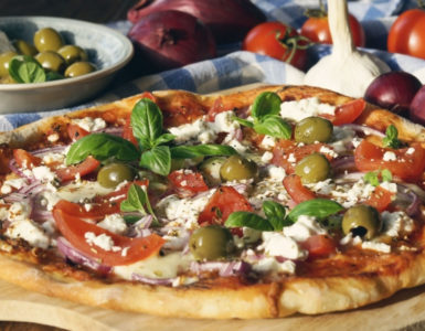 Greek Pizza with feta cheese and olives